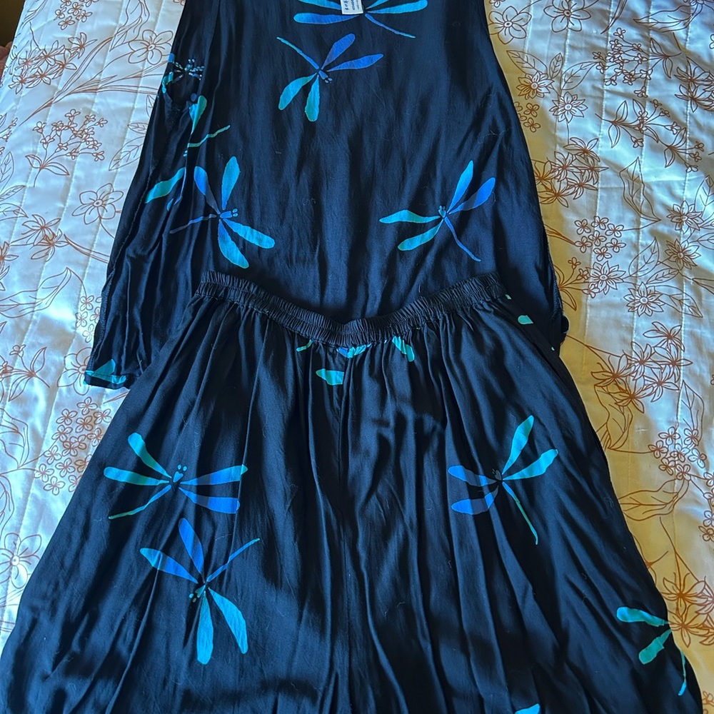 Black Tank Top and Shorta with Blue Dragonfly Print